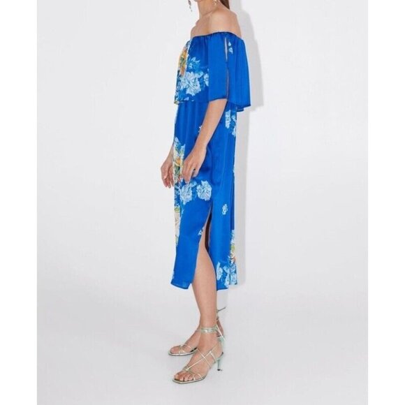 Zara Dress Women S Floral Blooms Off the Shoulder Side Slit Midi Travel Summer - Picture 2 of 15